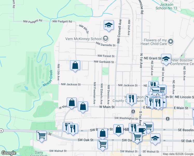 map of restaurants, bars, coffee shops, grocery stores, and more near 352 Northwest Freeman Avenue in Hillsboro