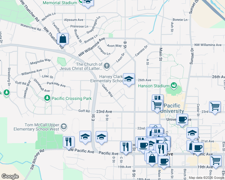 map of restaurants, bars, coffee shops, grocery stores, and more near 1635 Gales Court in Forest Grove