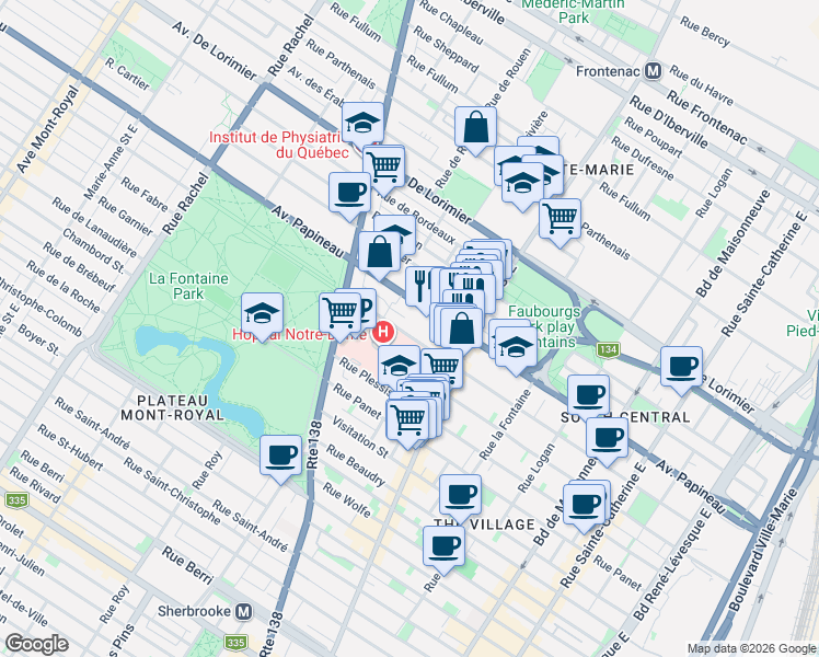 map of restaurants, bars, coffee shops, grocery stores, and more near 2145 Rue De Champlain in Montréal