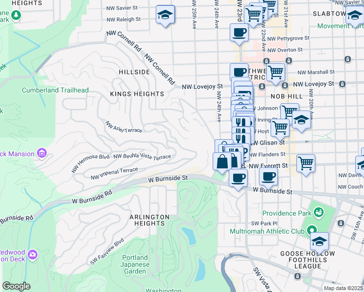 map of restaurants, bars, coffee shops, grocery stores, and more near 366 Northwest Maywood Drive in Portland