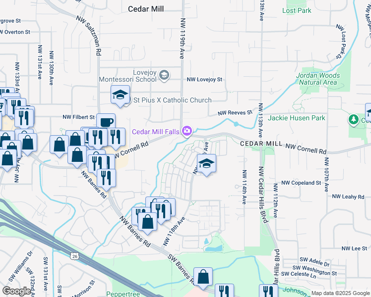 map of restaurants, bars, coffee shops, grocery stores, and more near 715 Northwest Falling Waters Lane in Portland