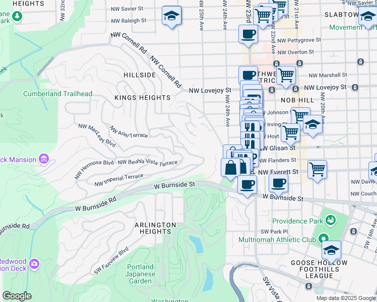 map of restaurants, bars, coffee shops, grocery stores, and more near 366 Northwest Maywood Drive in Portland