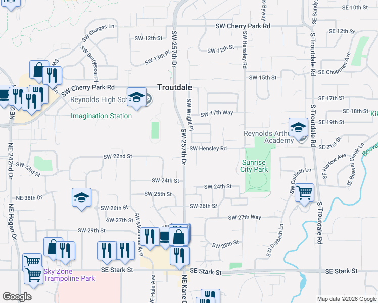 map of restaurants, bars, coffee shops, grocery stores, and more near in Troutdale