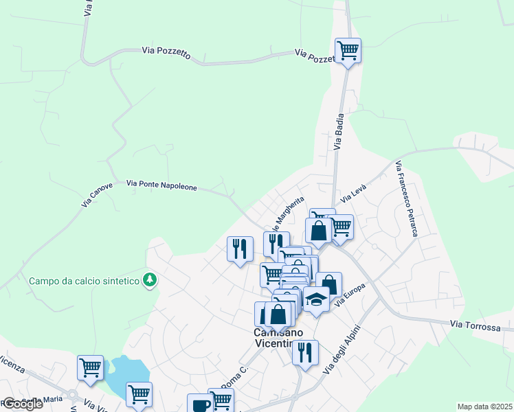 map of restaurants, bars, coffee shops, grocery stores, and more near 31 Via dei Gigli in Camisano Vicentino