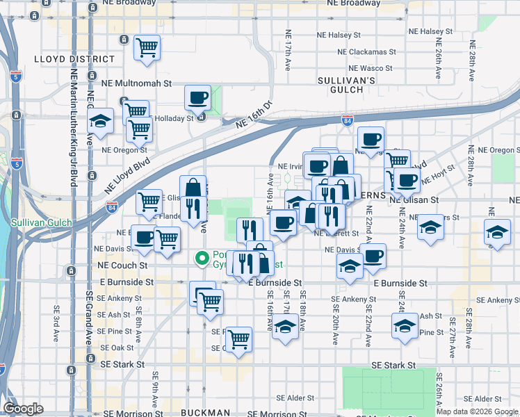 map of restaurants, bars, coffee shops, grocery stores, and more near 1530 Northeast Glisan Street in Portland