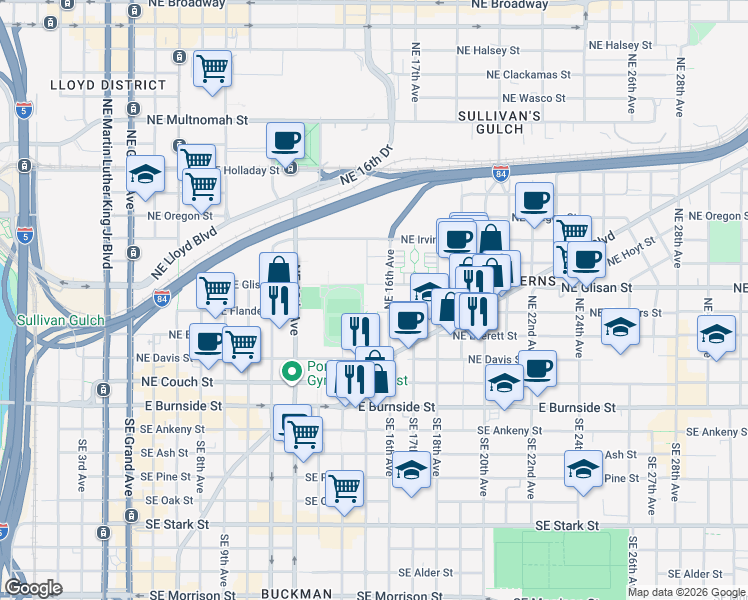 map of restaurants, bars, coffee shops, grocery stores, and more near 1530 Northeast Glisan Street in Portland