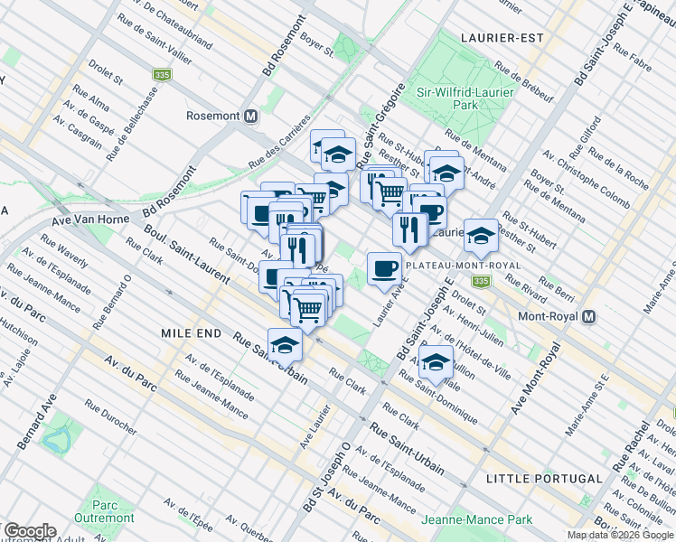 map of restaurants, bars, coffee shops, grocery stores, and more near 5231 Avenue de Gaspé in Montréal