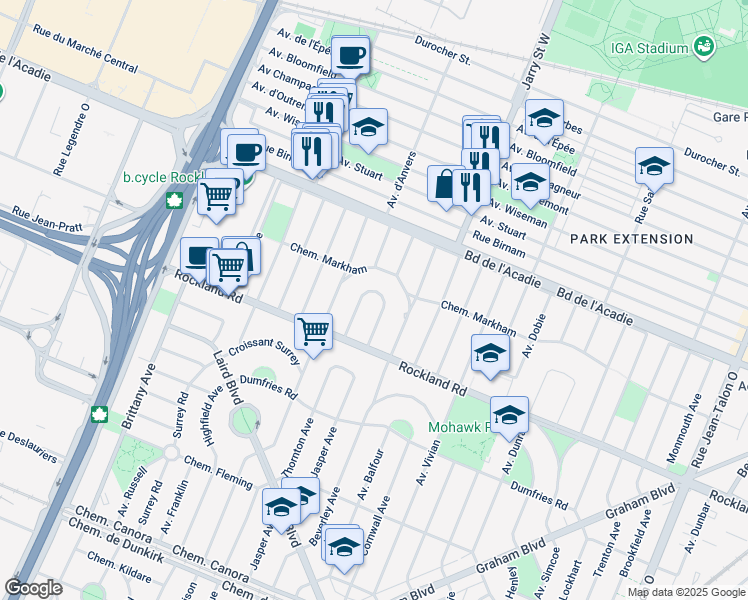 map of restaurants, bars, coffee shops, grocery stores, and more near 75 Croissant Linwood in Mont-Royal