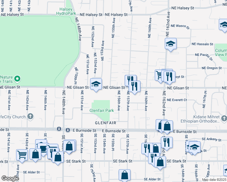 map of restaurants, bars, coffee shops, grocery stores, and more near 15533 Northeast Glisan Street in Portland