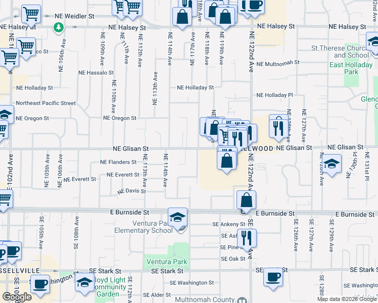 map of restaurants, bars, coffee shops, grocery stores, and more near 11689 Northeast Glisan Street in Portland