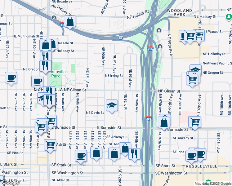 map of restaurants, bars, coffee shops, grocery stores, and more near 9129 Northeast Glisan Street in Portland