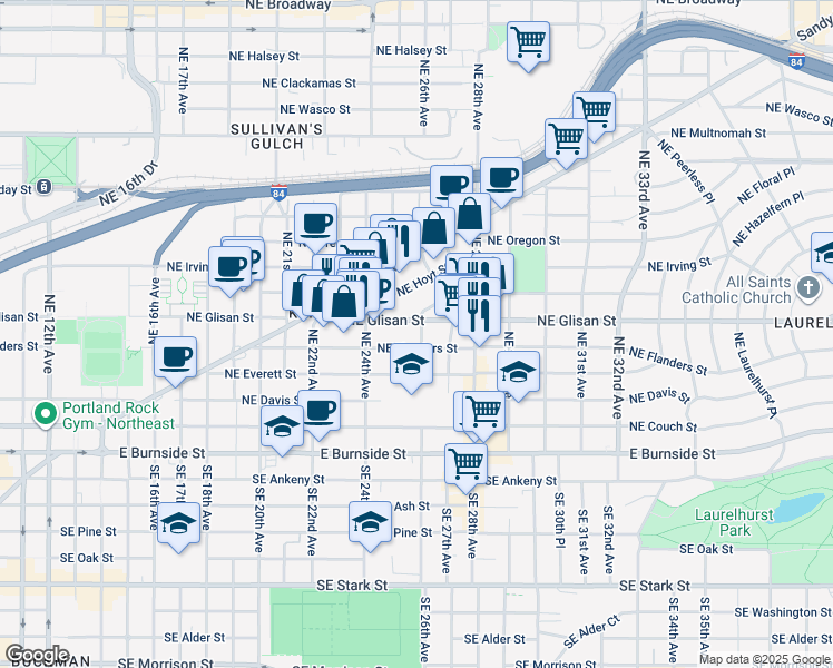 map of restaurants, bars, coffee shops, grocery stores, and more near 2525 Northeast Glisan Street in Portland