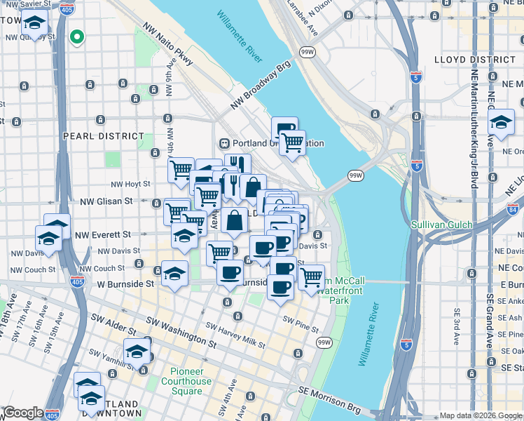 map of restaurants, bars, coffee shops, grocery stores, and more near in Portland