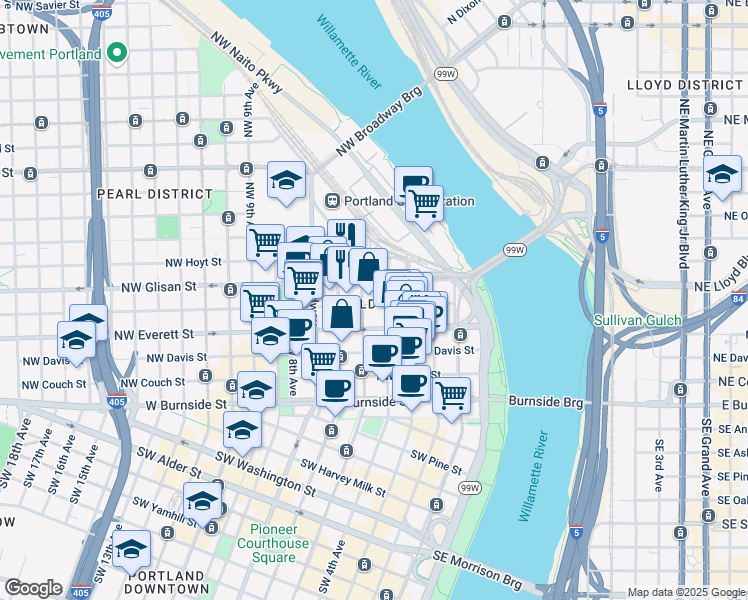 map of restaurants, bars, coffee shops, grocery stores, and more near 340 Northwest Glisan Street in Portland
