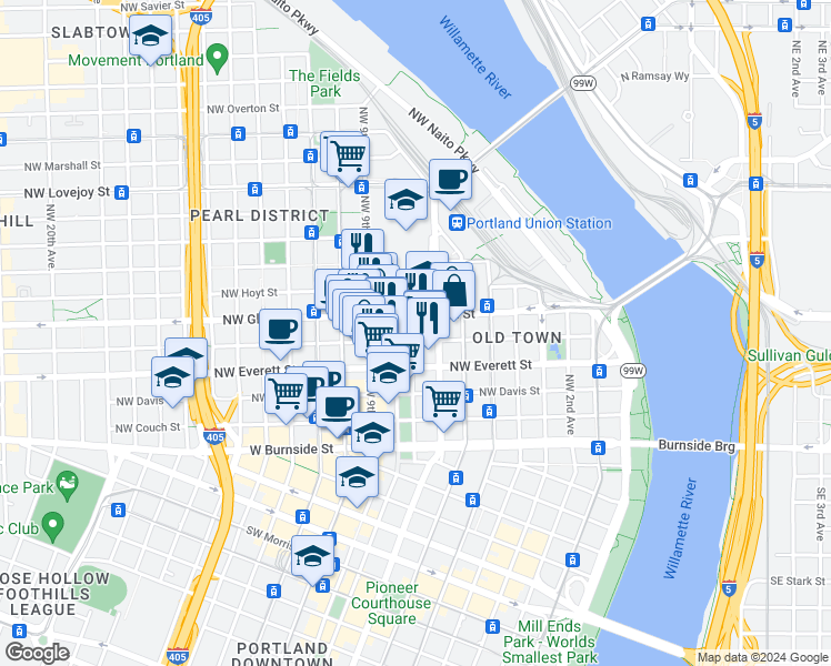 map of restaurants, bars, coffee shops, grocery stores, and more near 798 Northwest Glisan Street in Portland