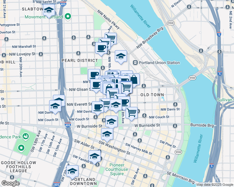 map of restaurants, bars, coffee shops, grocery stores, and more near 798 Northwest Glisan Street in Portland
