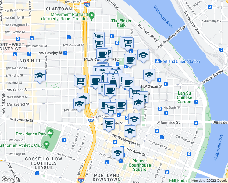 map of restaurants, bars, coffee shops, grocery stores, and more near 512 Northwest 12th Avenue in Portland