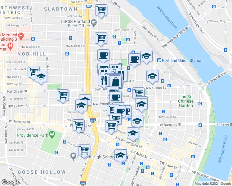 map of restaurants, bars, coffee shops, grocery stores, and more near 512 Northwest 12th Avenue in Portland