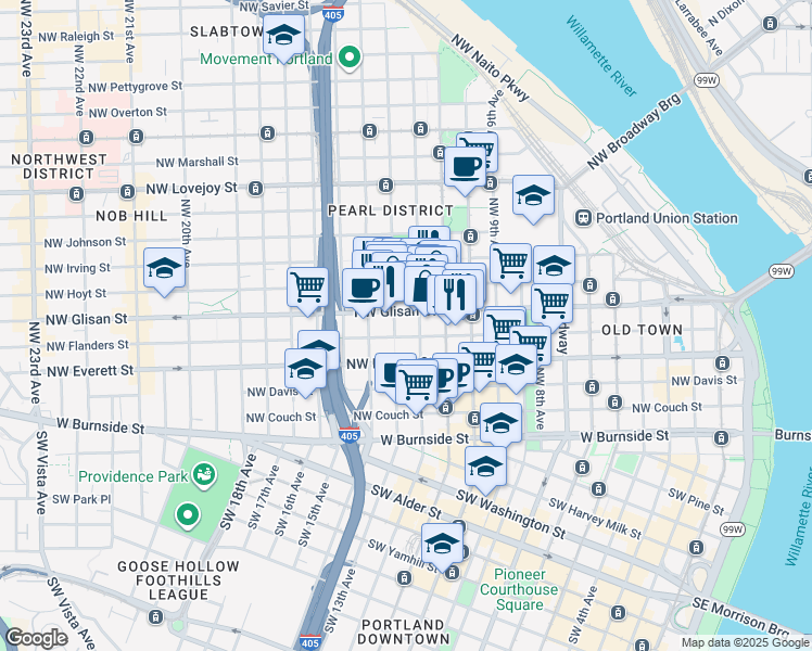 map of restaurants, bars, coffee shops, grocery stores, and more near 512 Northwest 12th Avenue in Portland