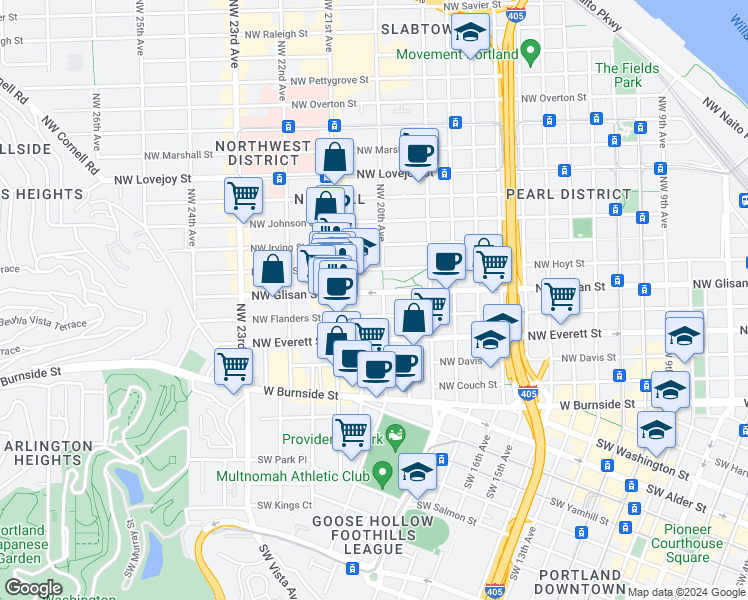 map of restaurants, bars, coffee shops, grocery stores, and more near 499 Northwest 20th Avenue in Portland