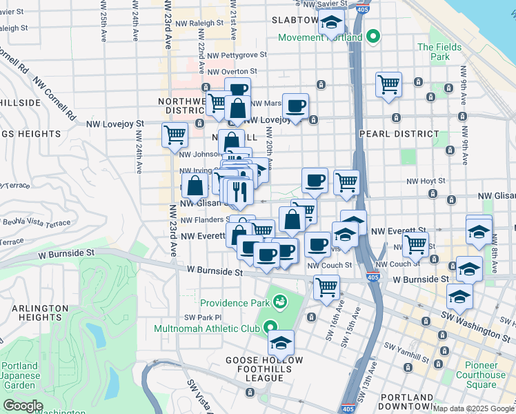 map of restaurants, bars, coffee shops, grocery stores, and more near in Portland
