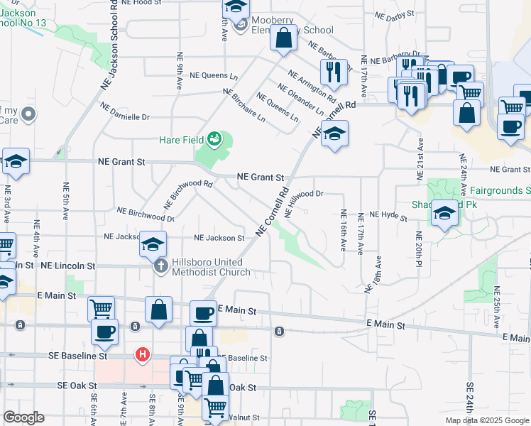 map of restaurants, bars, coffee shops, grocery stores, and more near 1193 Northeast Turner Drive in Hillsboro