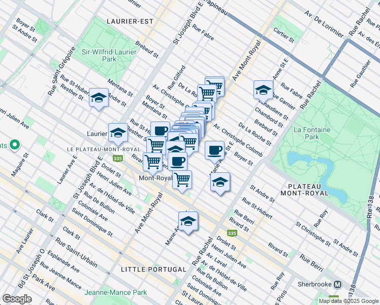map of restaurants, bars, coffee shops, grocery stores, and more near in Montreal