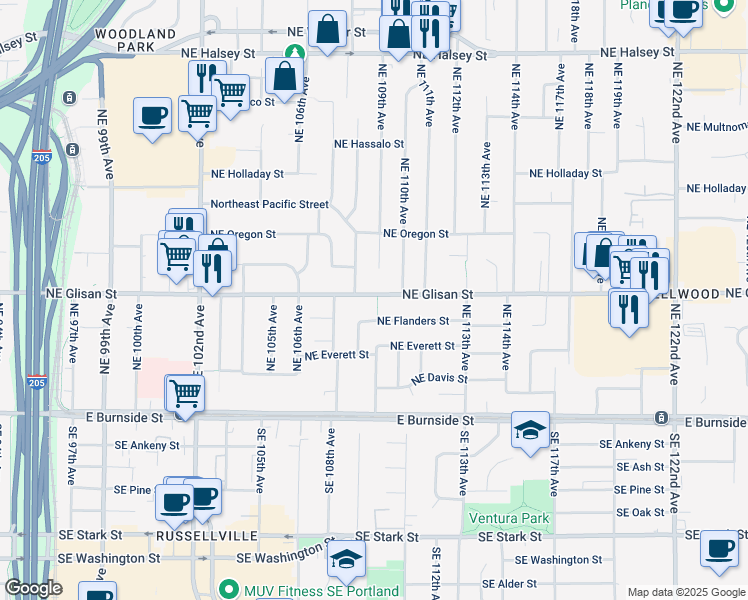 map of restaurants, bars, coffee shops, grocery stores, and more near 10931 Northeast Glisan Street in Portland