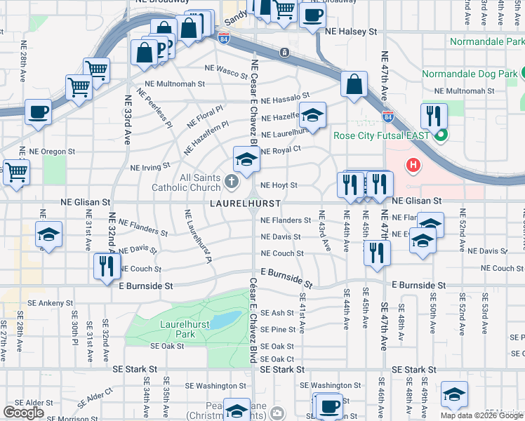 map of restaurants, bars, coffee shops, grocery stores, and more near 3900 Northeast Glisan Street in Portland