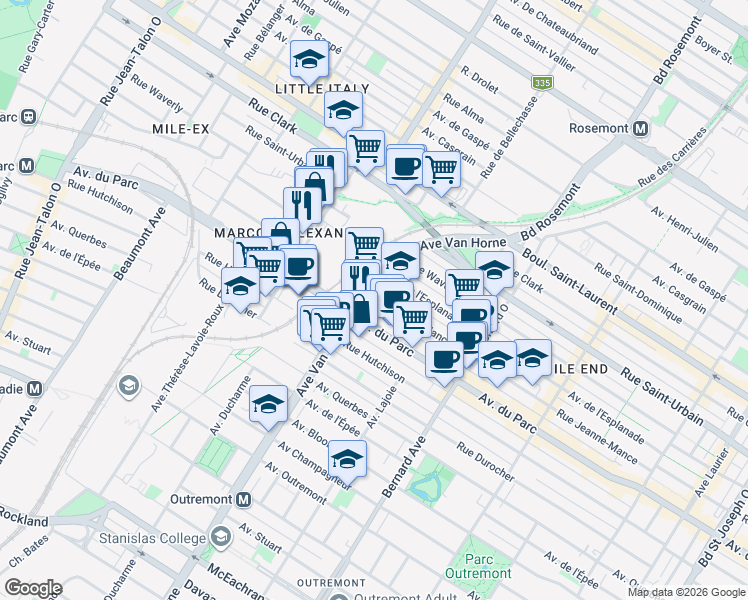 map of restaurants, bars, coffee shops, grocery stores, and more near 6112 Rue Jeanne-Mance in Montréal