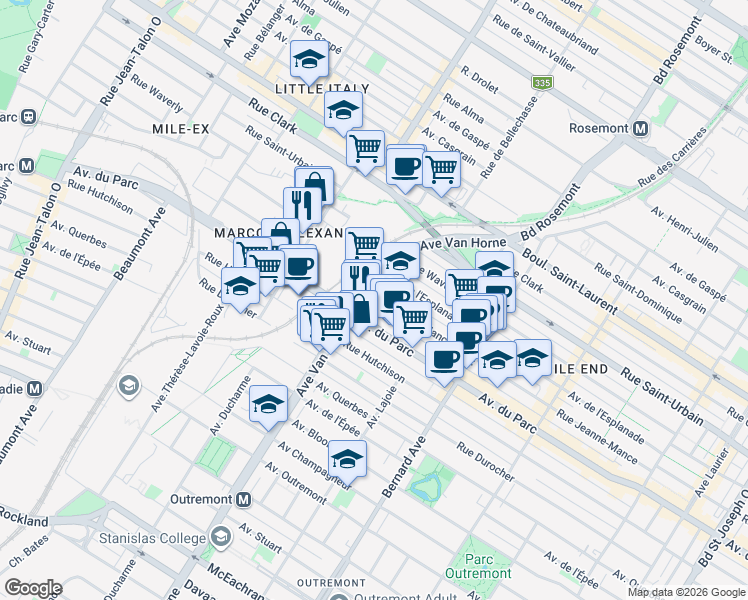 map of restaurants, bars, coffee shops, grocery stores, and more near 6114 Rue Jeanne-Mance in Montréal