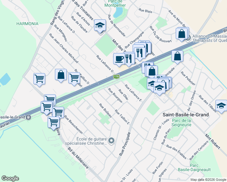 map of restaurants, bars, coffee shops, grocery stores, and more near 41 Rue Bourgon in Saint-Basile-le-Grand