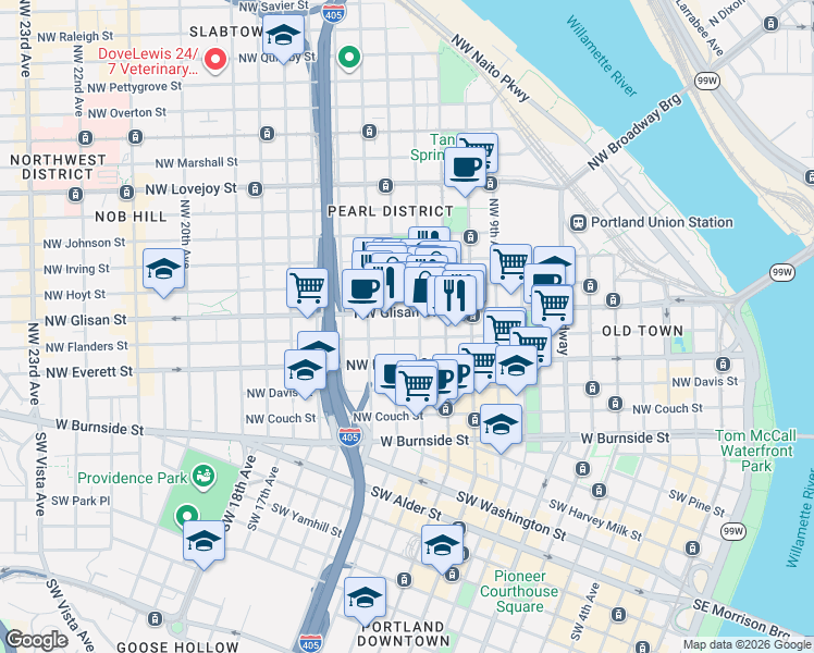 map of restaurants, bars, coffee shops, grocery stores, and more near 416 Northwest 13th Avenue in Portland