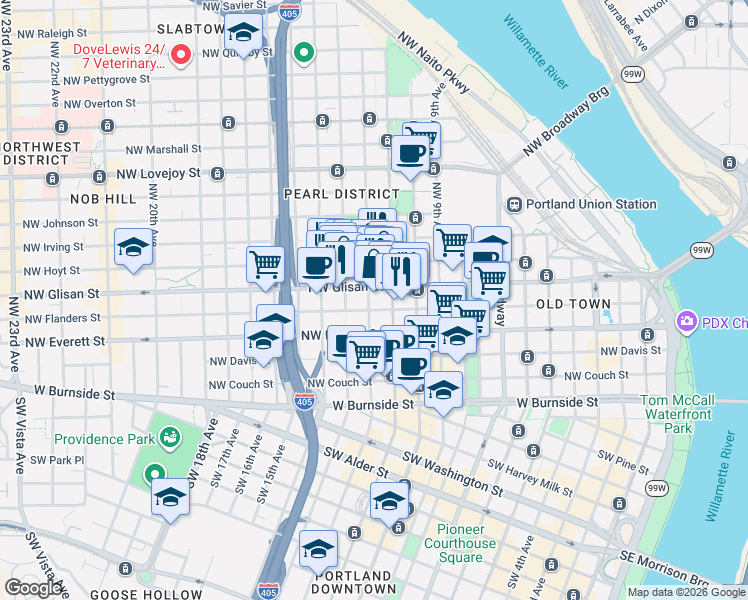 map of restaurants, bars, coffee shops, grocery stores, and more near 512 Northwest 12th Avenue in Portland