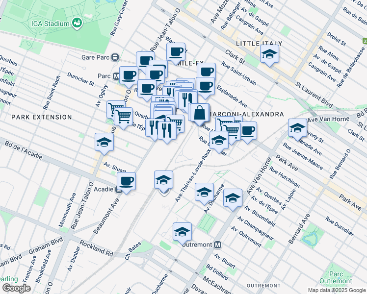 map of restaurants, bars, coffee shops, grocery stores, and more near 600 Avenue de la Gare-de-triage in Montréal
