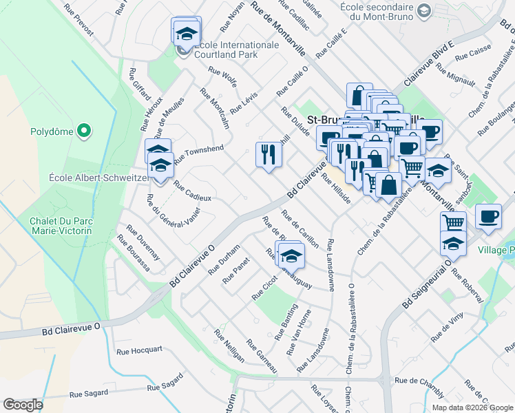 map of restaurants, bars, coffee shops, grocery stores, and more near 221 Boulevard Clairevue Ouest in Saint-Bruno-de-Montarville