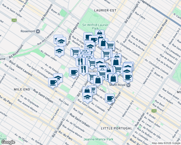 map of restaurants, bars, coffee shops, grocery stores, and more near 389 Boulevard Saint-Joseph Est in Montréal