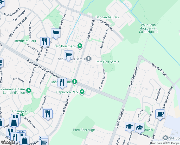 map of restaurants, bars, coffee shops, grocery stores, and more near 2257 Rue Des Salicaires in Longueuil