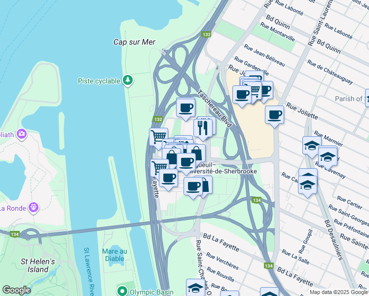 map of restaurants, bars, coffee shops, grocery stores, and more near 1025 Rue d'Assigny in Longueuil