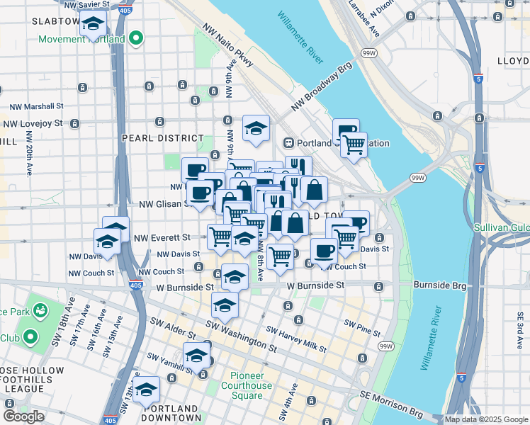 map of restaurants, bars, coffee shops, grocery stores, and more near 725 Northwest Flanders Street in Portland