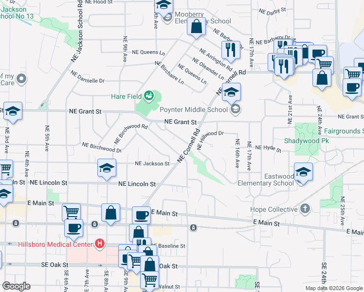 map of restaurants, bars, coffee shops, grocery stores, and more near 1184 Northeast Turner Drive in Hillsboro
