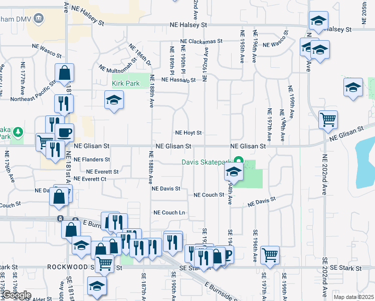 map of restaurants, bars, coffee shops, grocery stores, and more near 19017 Northeast Glisan Street in Portland