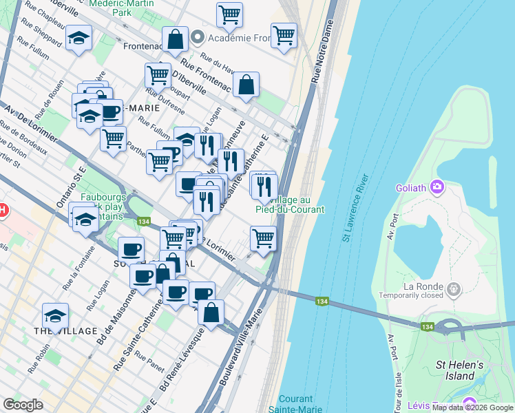 map of restaurants, bars, coffee shops, grocery stores, and more near 600 Rue Fullum in Montréal