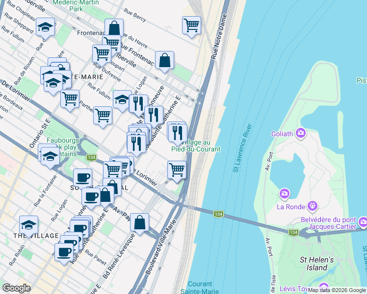 map of restaurants, bars, coffee shops, grocery stores, and more near 578 Rue Fullum in Montréal