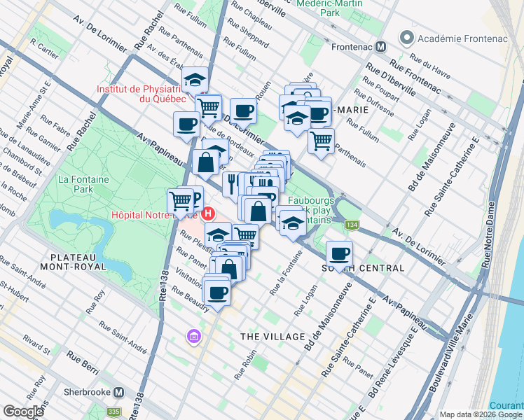 map of restaurants, bars, coffee shops, grocery stores, and more near 1809 Rue Ontario Est in Montréal