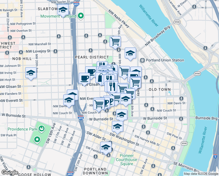 map of restaurants, bars, coffee shops, grocery stores, and more near 420 Northwest 11th Avenue in Portland