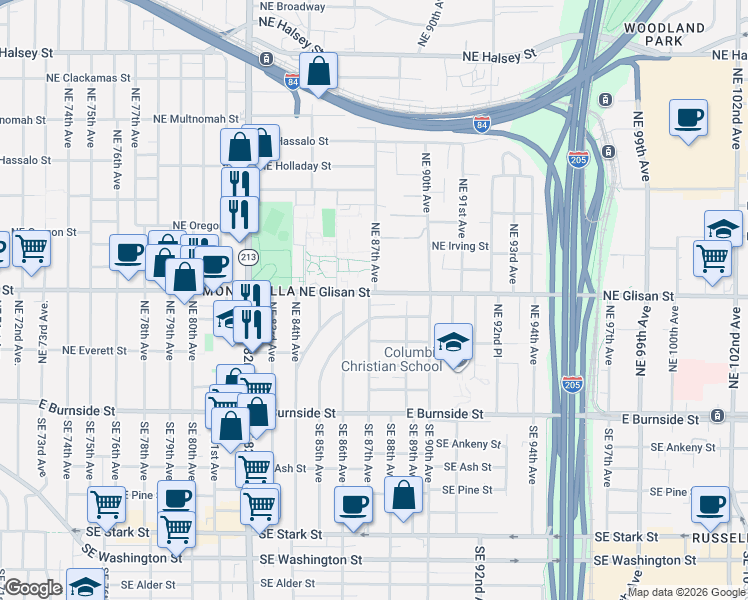map of restaurants, bars, coffee shops, grocery stores, and more near 521 Northeast 87th Avenue in Portland