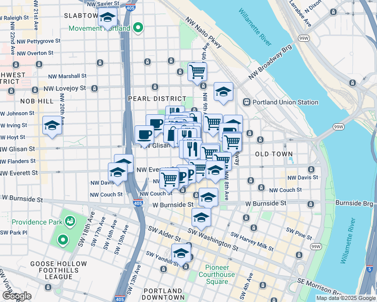 map of restaurants, bars, coffee shops, grocery stores, and more near 420 Northwest 11th Avenue in Portland