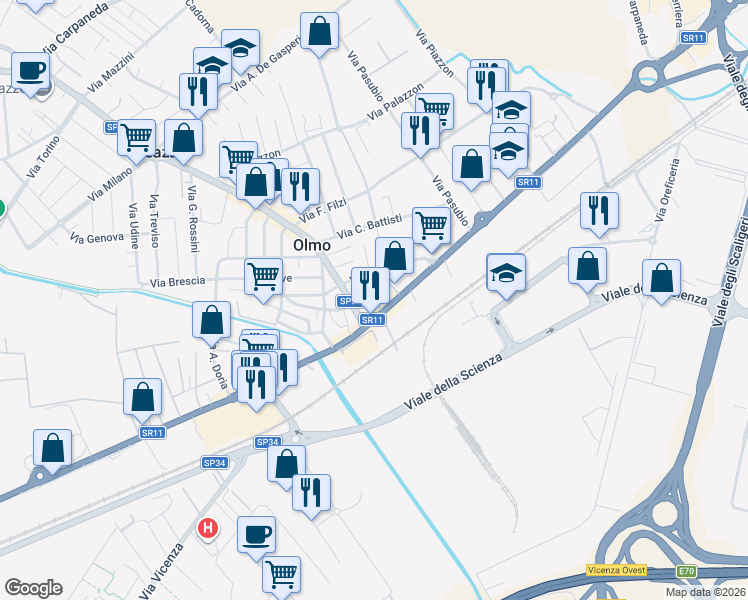 map of restaurants, bars, coffee shops, grocery stores, and more near 3 Via Trento in Creazzo