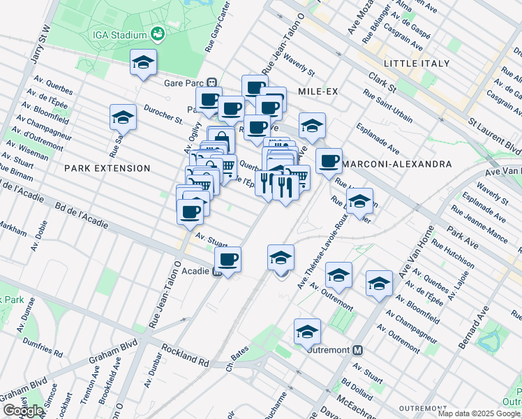 map of restaurants, bars, coffee shops, grocery stores, and more near 695 Avenue Beaumont in Montréal